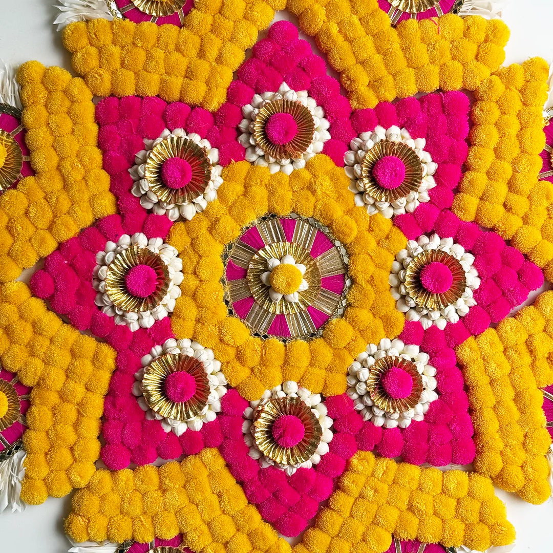 Reusable Pink & Yellow Floral Rangoli | 1 Center Piece And 8 Side Piece