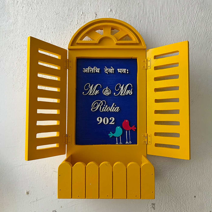 Personalized Hand-Painted Blue & Yellow Wooden Name Plate