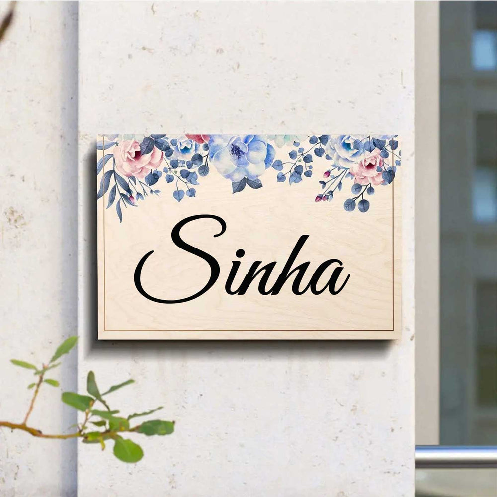 Printed Blue Spring Floral Wooden Rectangle Nameplate - Mounted on Exterior Wall Close-up