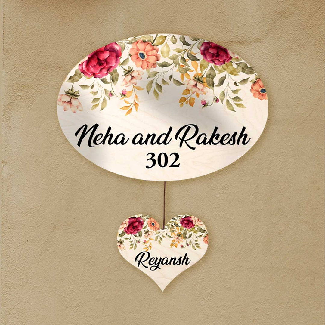 Printed Red And Orange Floral Wooden Oval Nameplate For Family - Wall Mounted Front View with Personalization