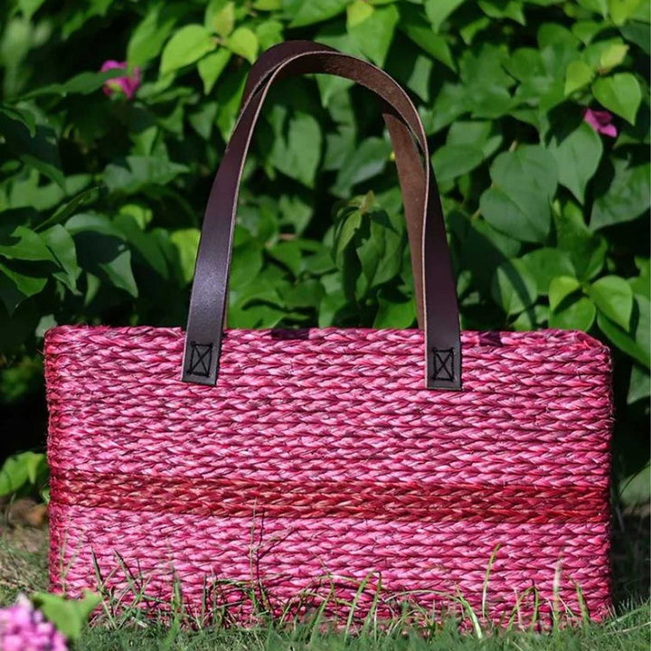 Handmade Grass Woven Single Striped Red Sabai Mesh Handbag