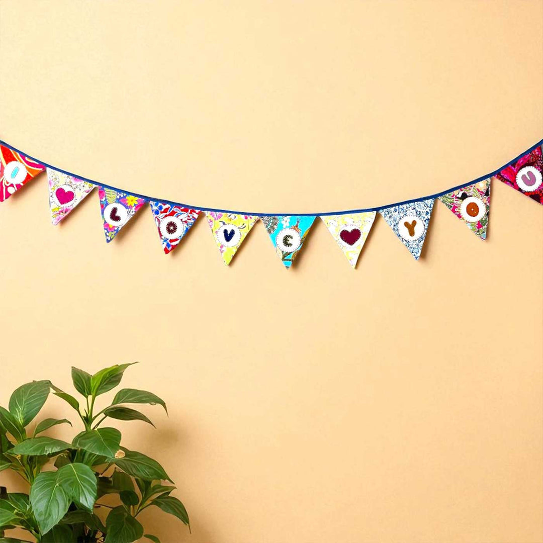 Handmade Multicolored "I Love You" Upcycled Fabric Bunting