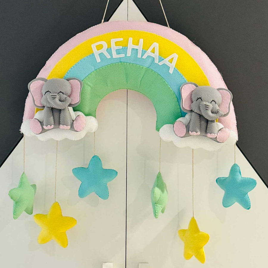 Personalized Handmade Elephant Rainbow Name Plate For Kids - Front View Hanging Nursery Mobile