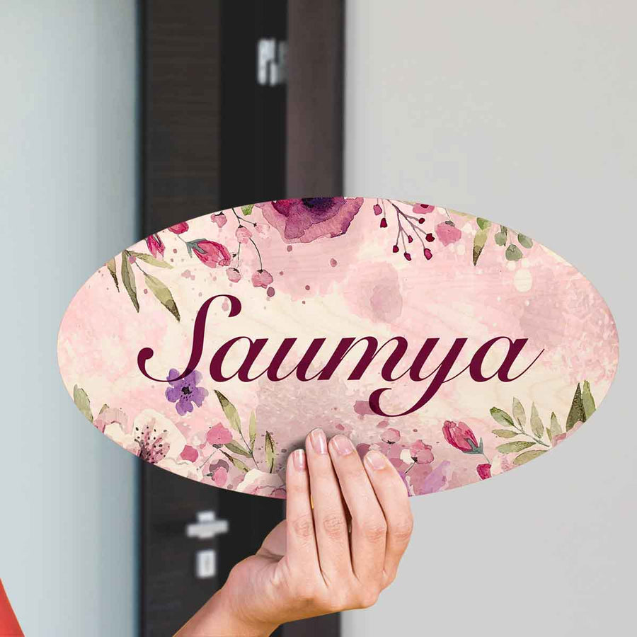 Printed Spring Floral Wooden Oval Nameplate - Name Personalization Example Held by Hand