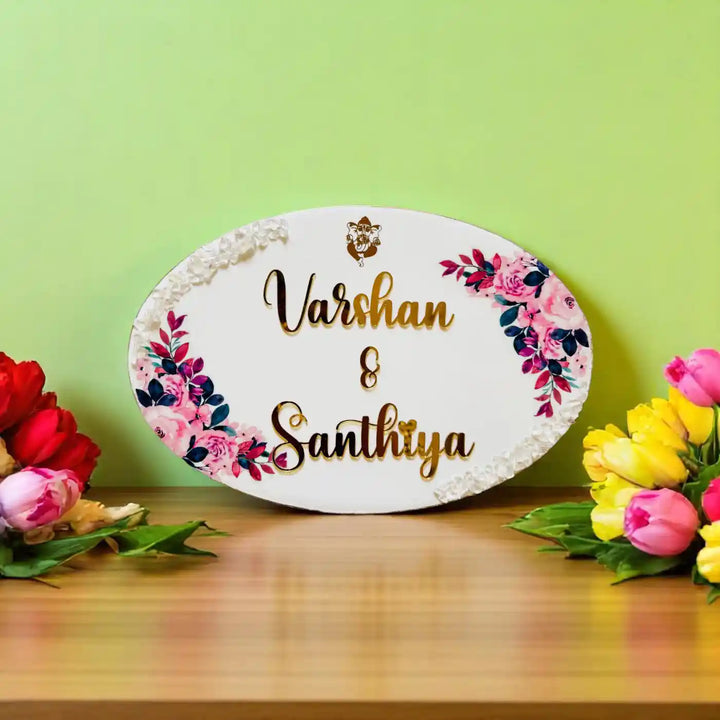 White & Pink Personalized Oval Resin Name Plate | With 3D Acrylic Letters & Gold Stone Embellishment