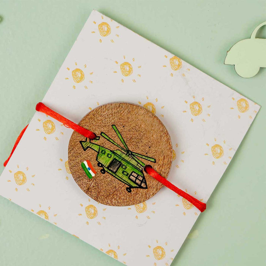 Personalized Hand Painted Helicopter Wooden Rakhi With Roli Chawal - On Card Display