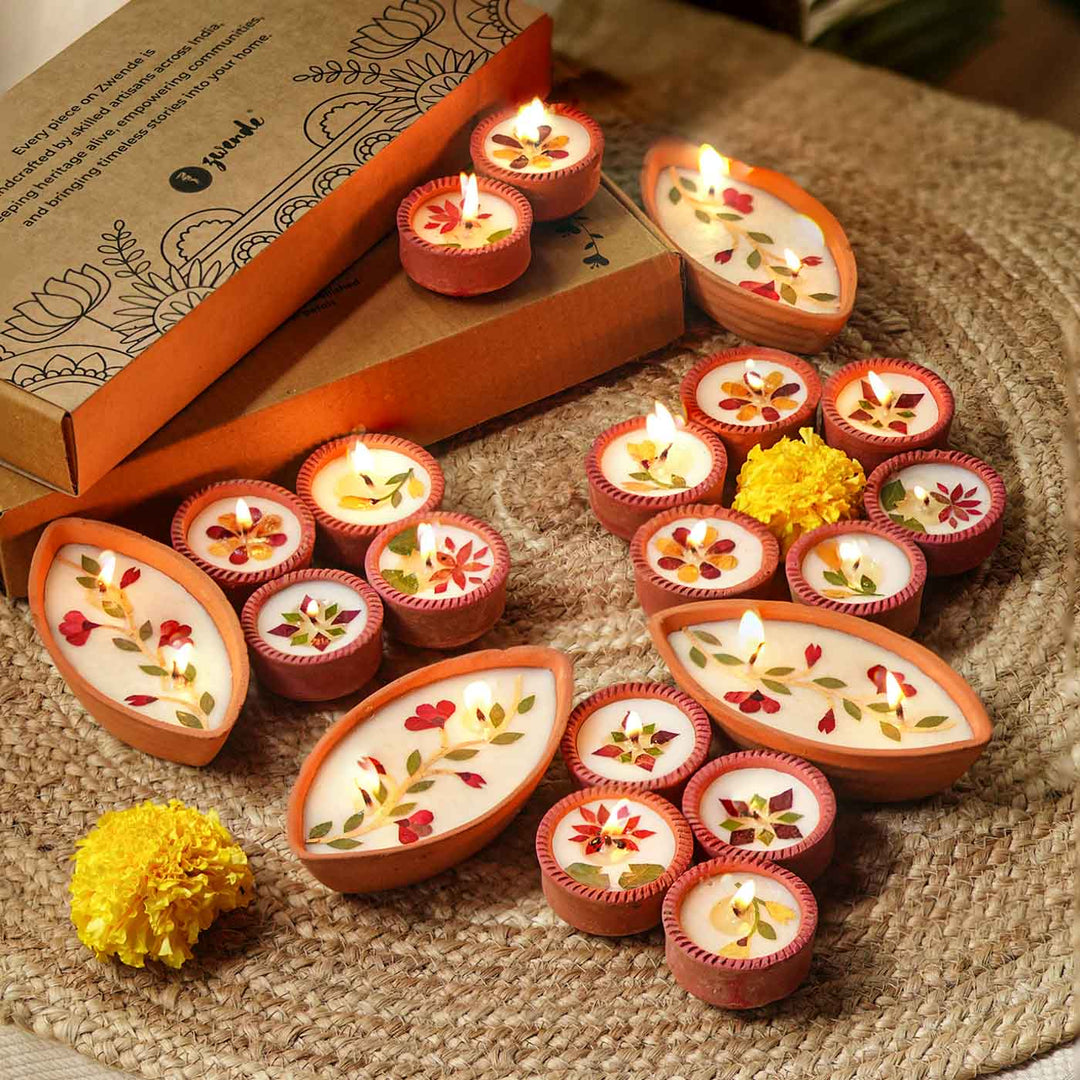 Set of 20 | Soy Wax & Dry Flower Terracota Festive Diyas | 4 Boat Diyas + 16 Round Diyas