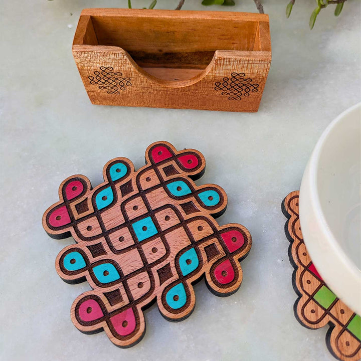 2 pc | Hand-Painted Engraved Mahogany Wood Square Kolam Coasters With Holder For Coffee Table & Dining Decor