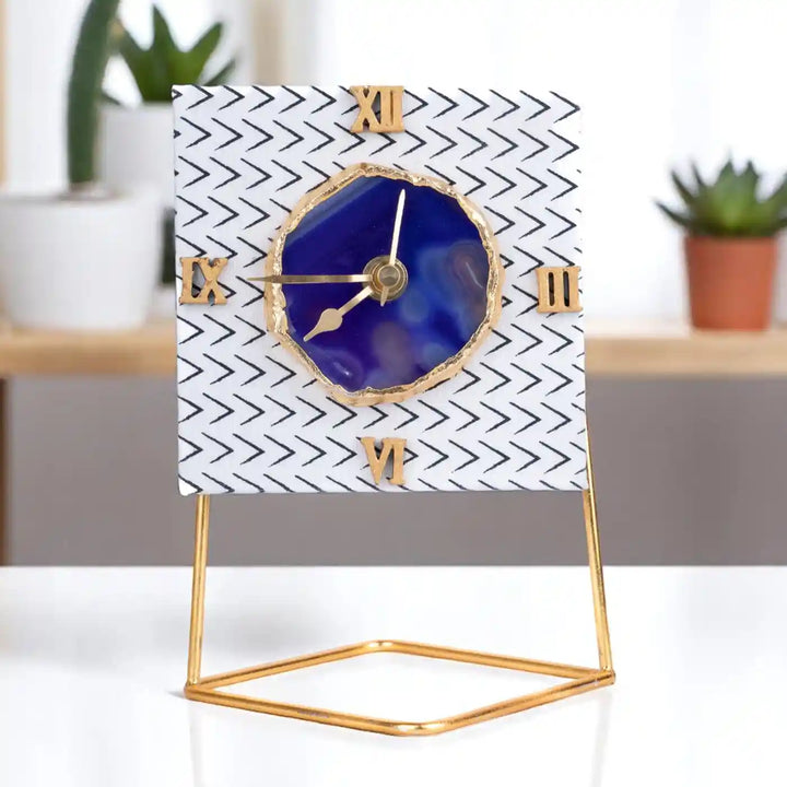Black And White Square Cotton Fabric Coated MDF Desk Clock With Agate Accent | 6 x 4 x 3.5 inch