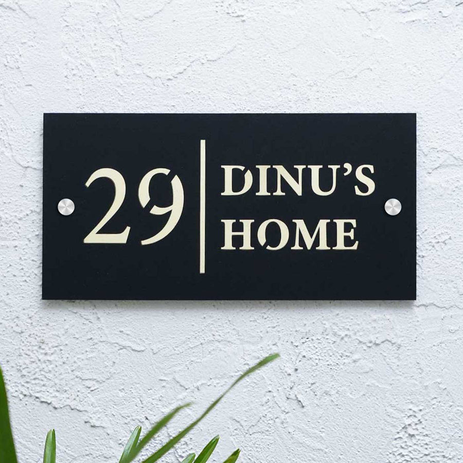 Personalized Weatherproof Black Rectangle Laser Cut Acrylic Name Plate - Mounted on White Textured Wall