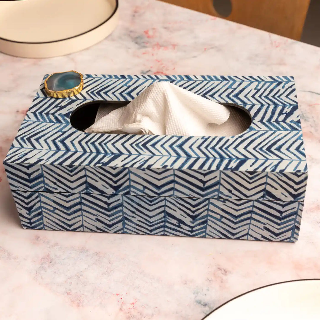 Blue Cotton Fabric Coated MDF Tissue Box With Agate Accent