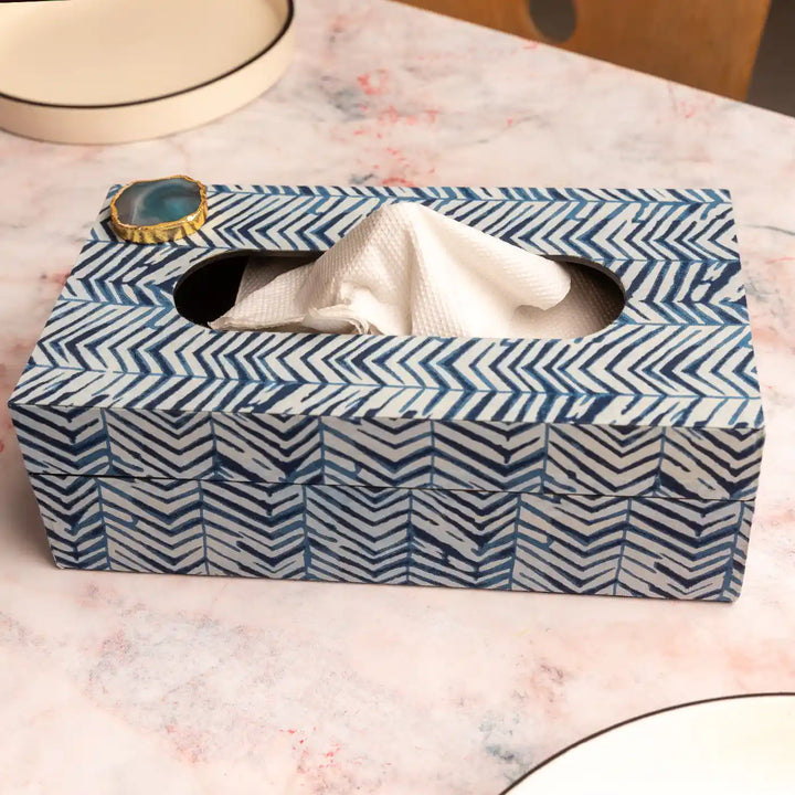 Blue Cotton Fabric Coated MDF Tissue Box With Agate Accent