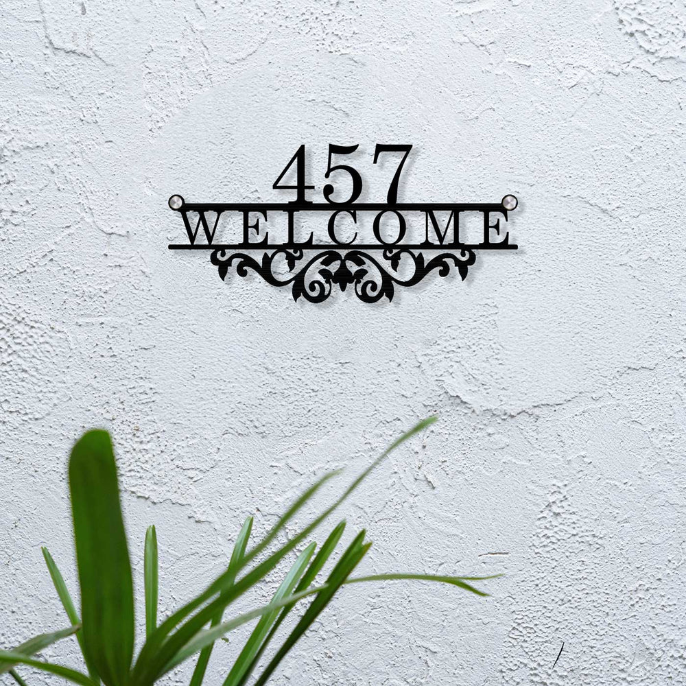 Personalized Laser Cut Classic Design Steel Name Plate - Mounted on White Wall Front View