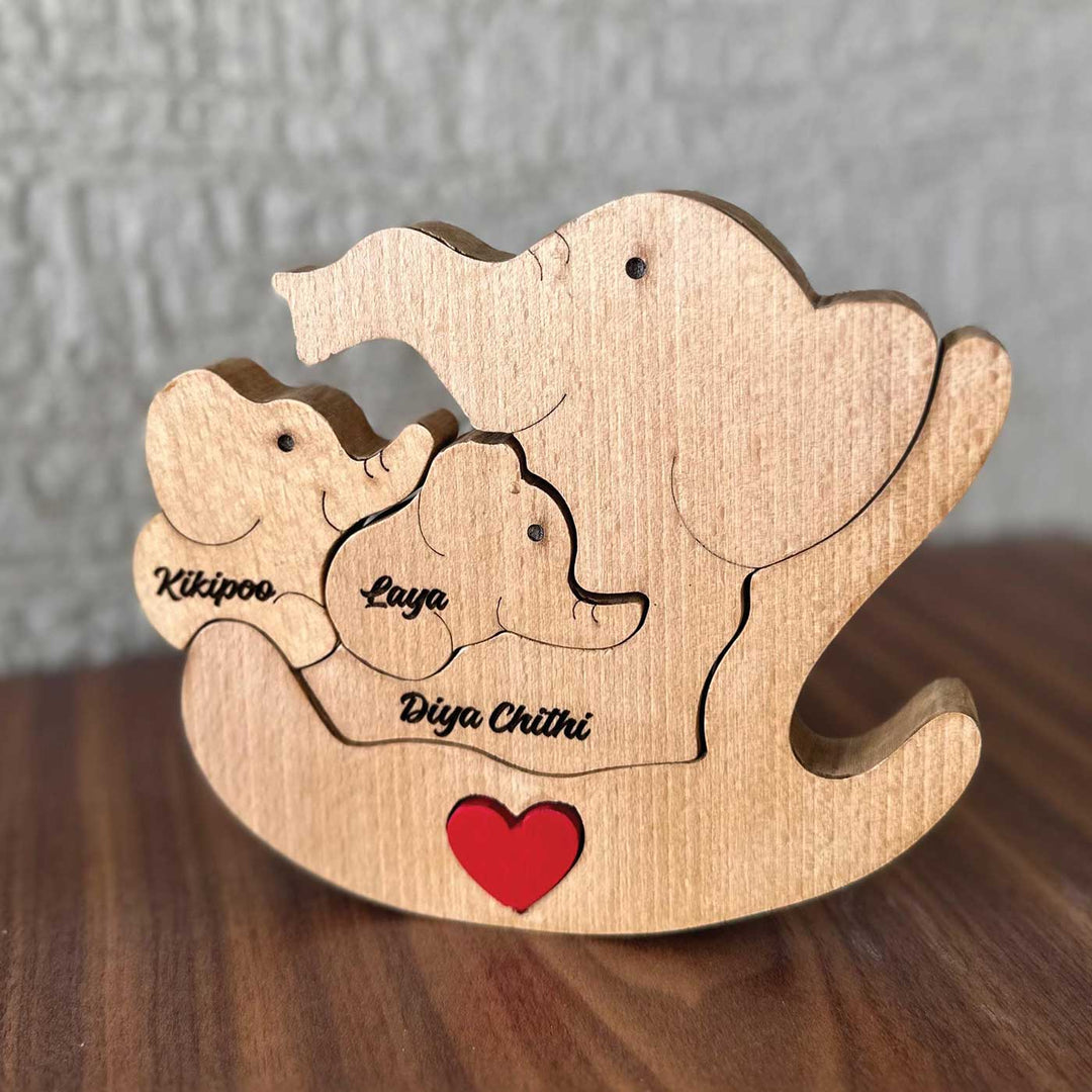 Personalized Elephant Mom & 2 Kids Wooden Figurine