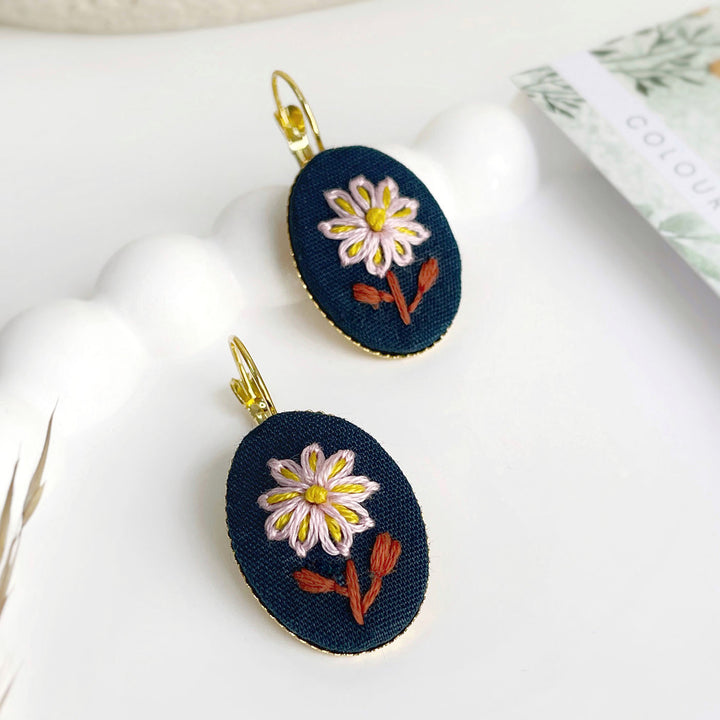 Hand Embroidered Twilight Bloom Golden Tone Earrings