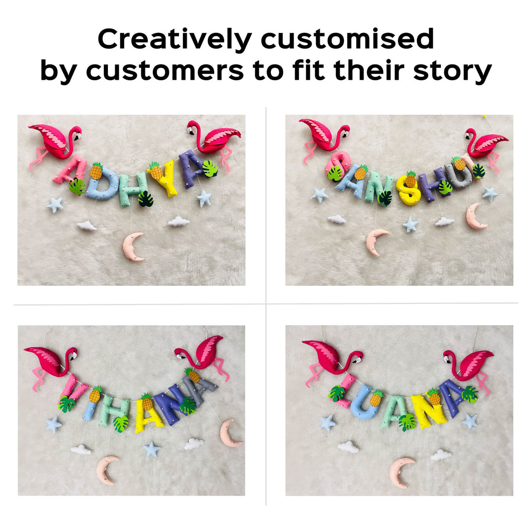 Handcrafted Personalized Flamingo Themed Bunting For Kids - Name Personalization Example with Decorations