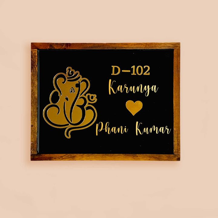 Personalized Ganesha Theme Resin Name Plate With Teak Wood Border For Couples - Front View Personalization Example