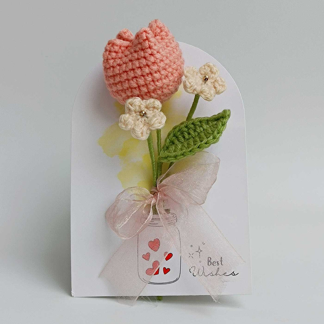 Handmade Crochet 3D Peach Tulip Greeting Card