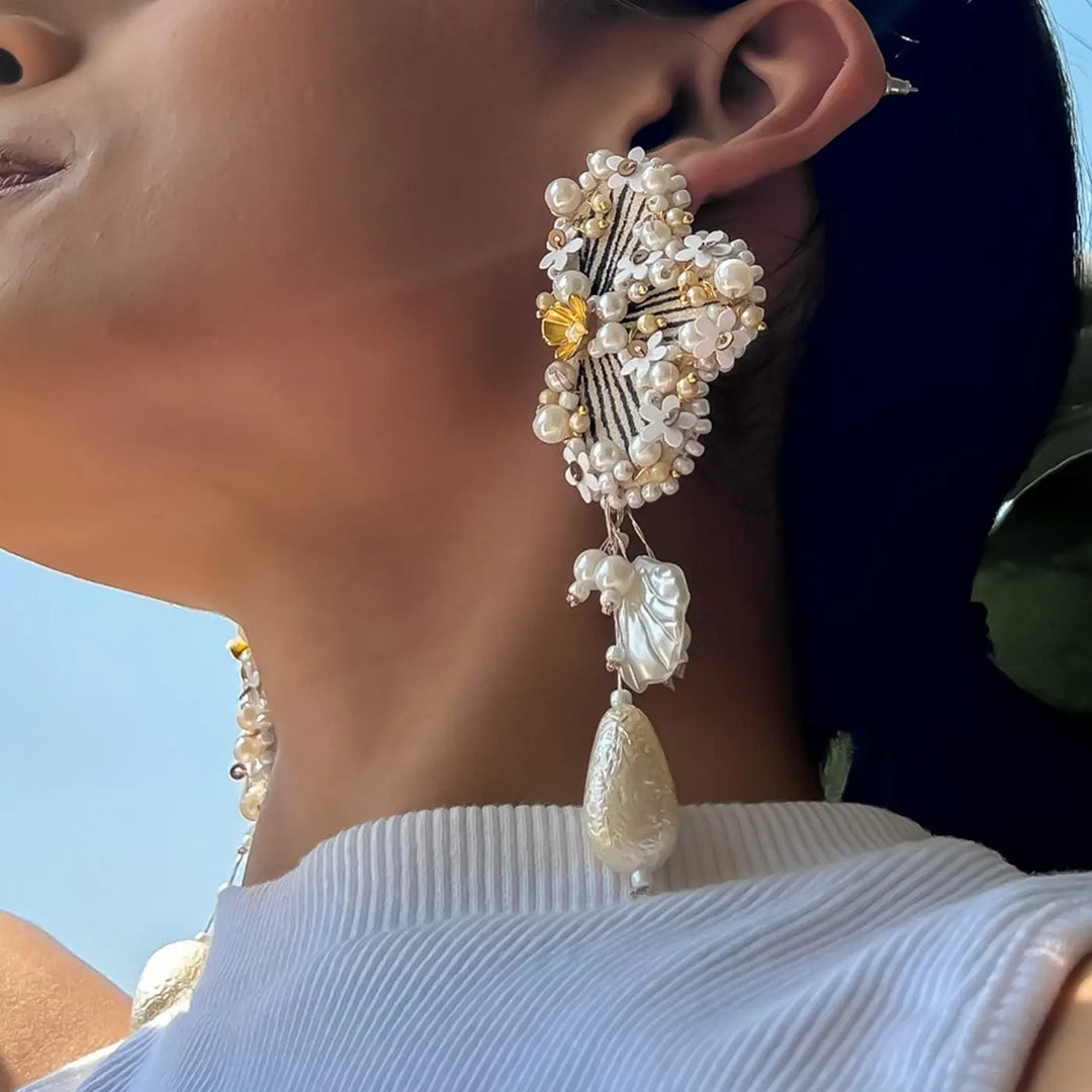 Hand Embroidered Beaded White Regal Heritage Theme Gajra Style Cotton Earrings