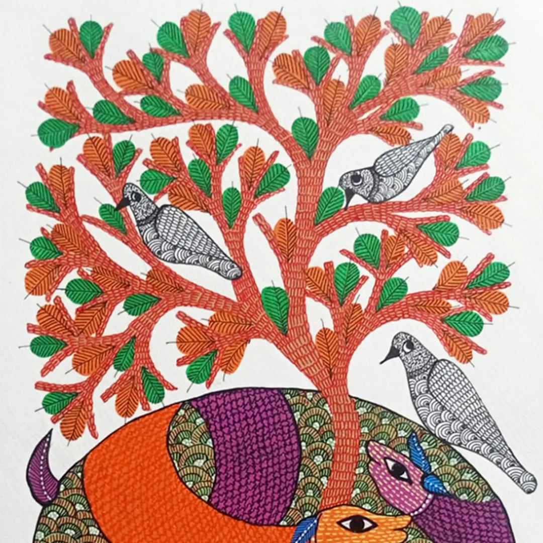 11 x 16 Inch | Deer with Tree & Birds | Original Hand Painted Tribal Gond Art Painting | Acrylic Paint On Paper