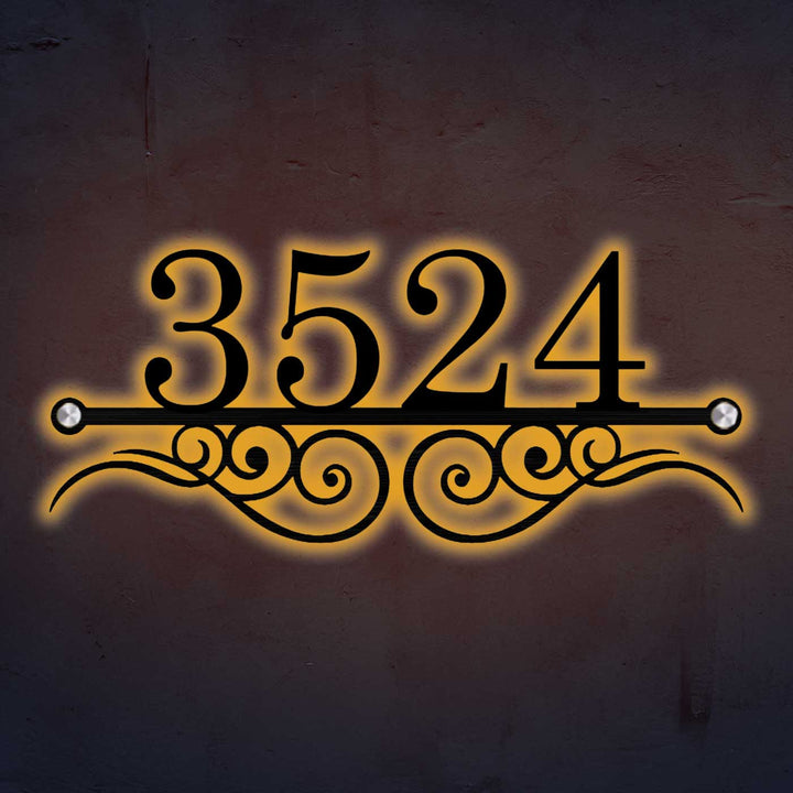 Personalized Laser Cut Elegant Design Steel Name Plate 20 - Illuminated Front View on Wall