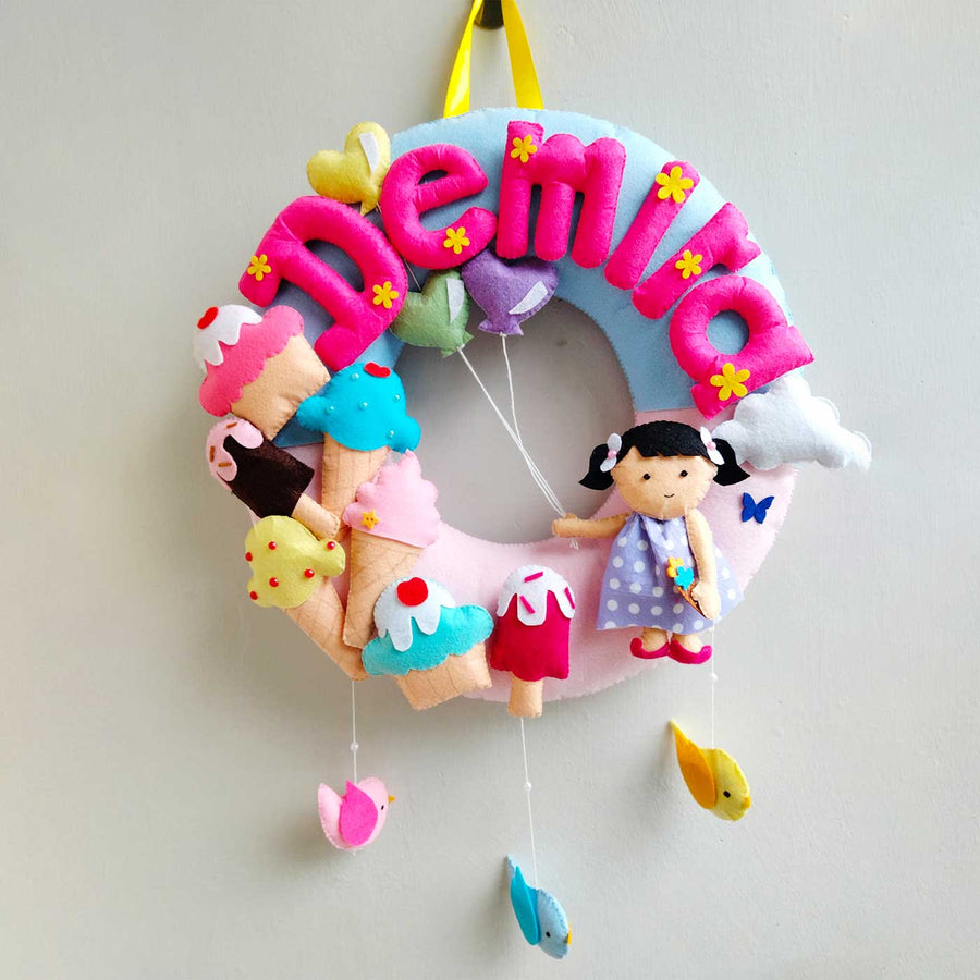 Personalized Icecream Theme Felt Kids Name Plate - Hanging Front View with Name Personalization