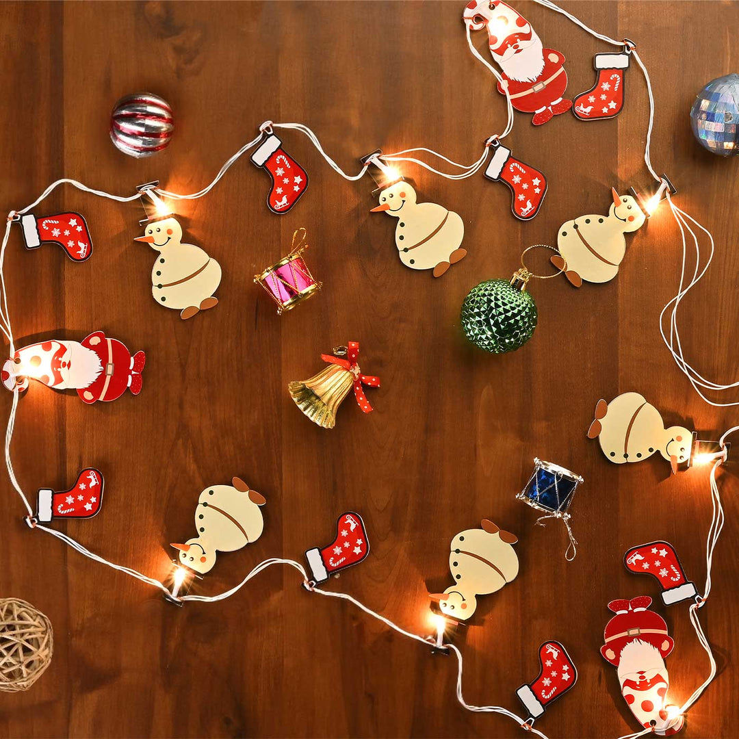 3 m, 14 Bulbs | Decorative Pine Wood Snowman & Santa LED Fairy Light