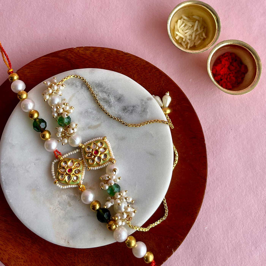 Handmade Golden Flower Design Metal Bhaiya Bhabhi Rakhi - Full Set Display