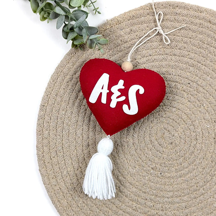 Personalized Heart Shaped Felt Hanging With Tassel For Couples