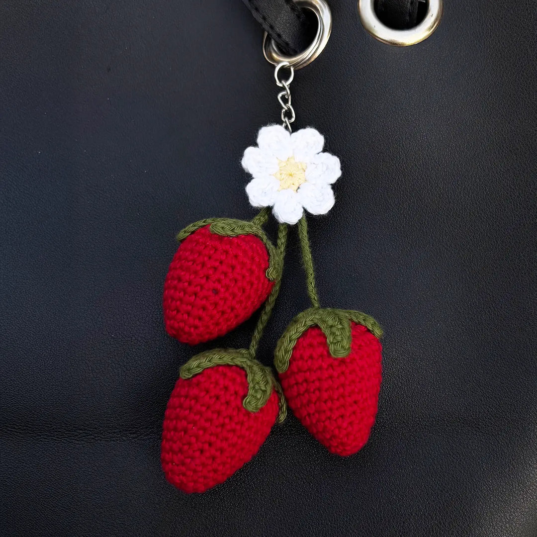 Handmade Crochet Strawberry & Flower Cotton Bag Charm