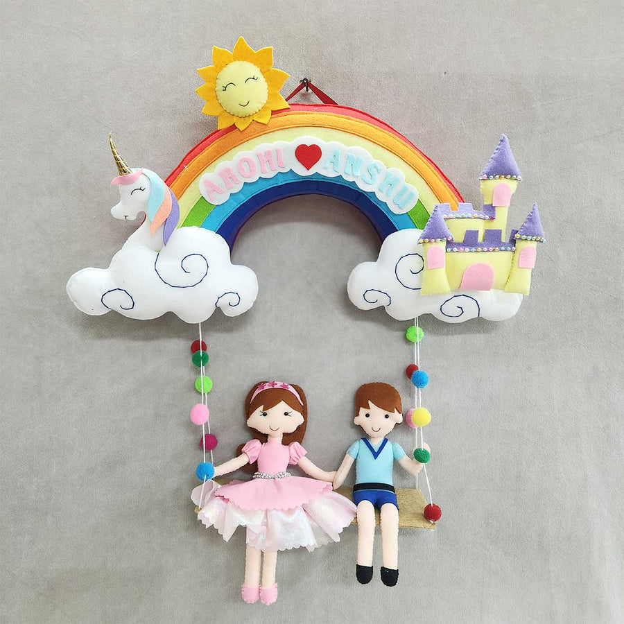 Personalized Rainbow Theme Felt Kids Name Plate For Siblings New 1 - Front View Hanging Wall Decoration