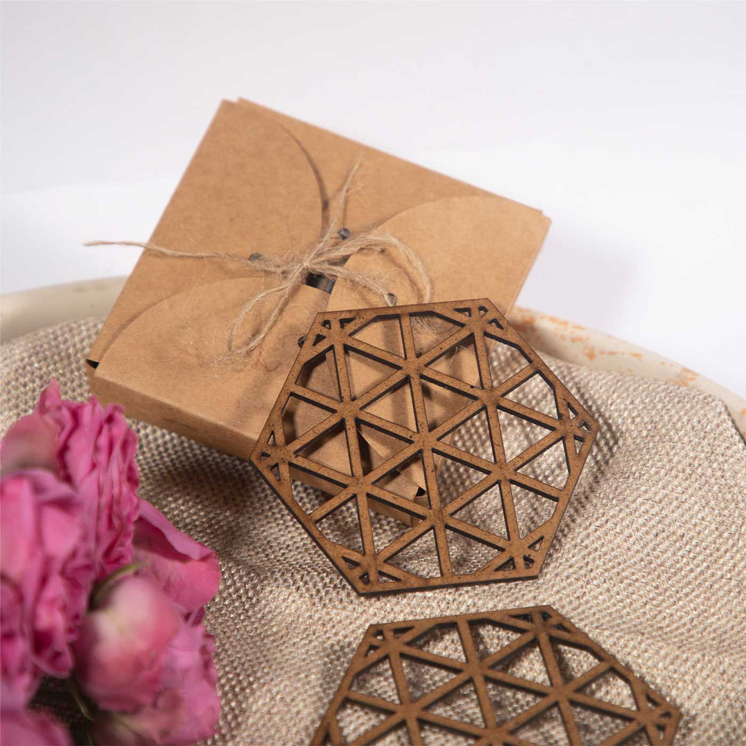 Hexagon Sleek Laser-Cut Finish MDF Coaster Set | Set of 6