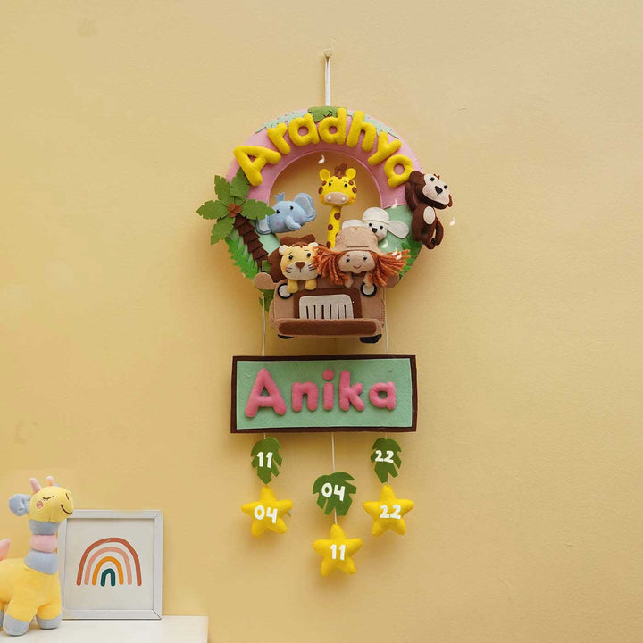 Personalized Jungle Safari Theme Round Felt Kids Nameplate Pink For Siblings - Front View Hanging on Wall
