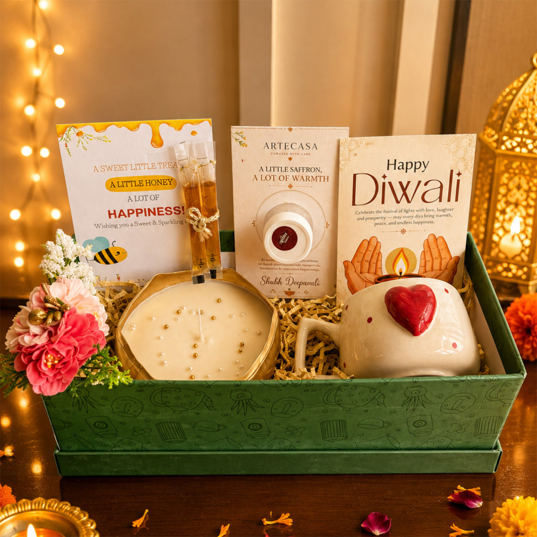 Green Aura Diwali Gift Hamper With Mug And Urli Soy Wax Scented Candle For Festive Gifting