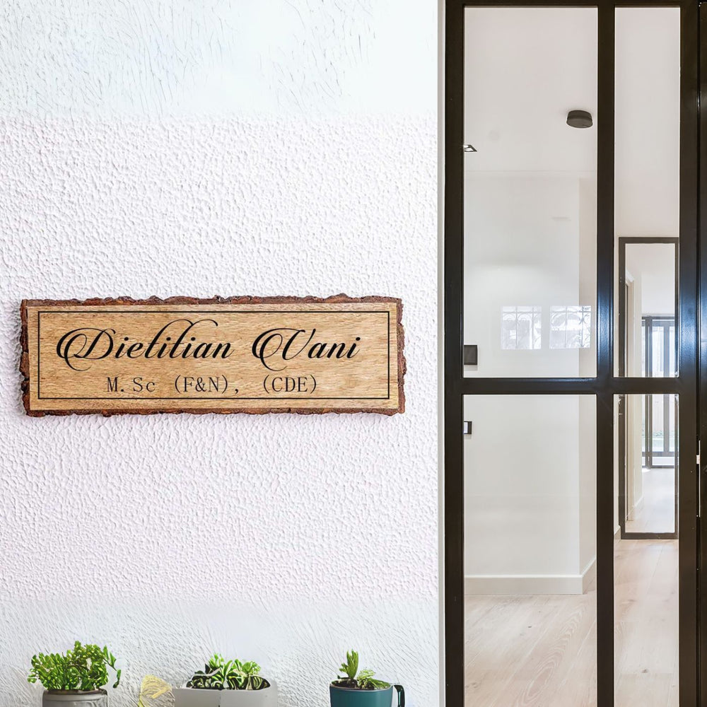 Handcrafted Mango Wood Personalized Professional Name Plate For Dietitian - Mounted on textured wall indoors