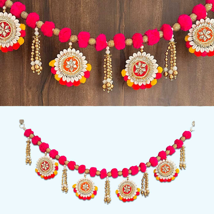 40 / 44 In | Handmade Pink Pom Pom Toran With Decorative Shell Bangles