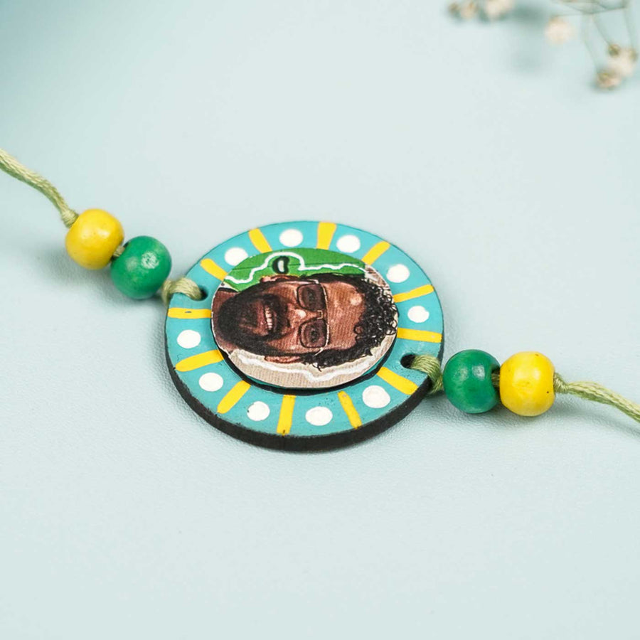 Photo Personalized Hand Painted Round Shape Mdf Wood Rakhi - Close-up of Pendant Detail
