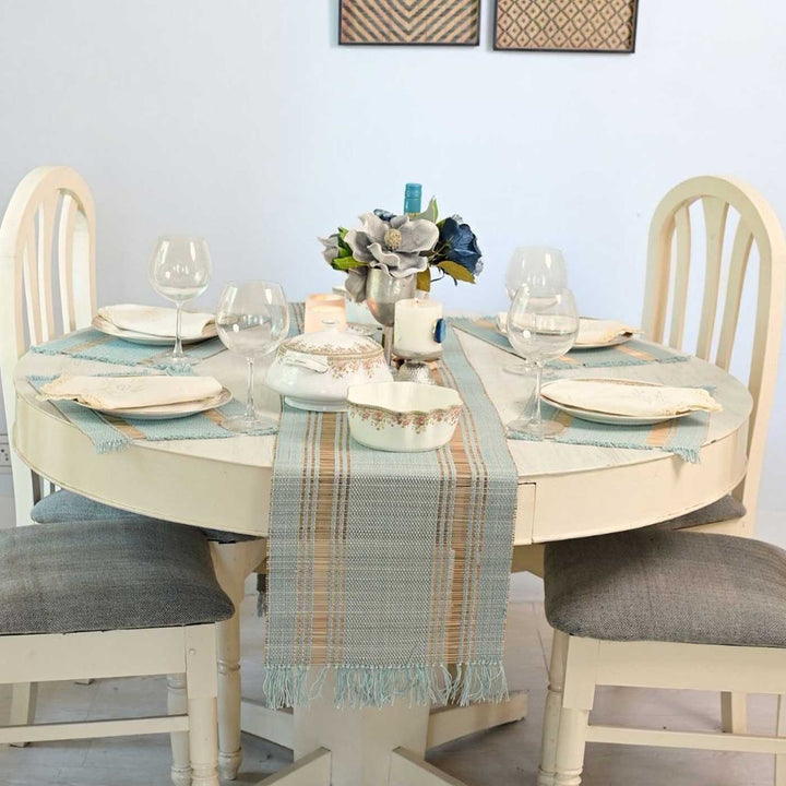 Hand Woven Double Striped Madhurkati Green Table Runner & Table Mat