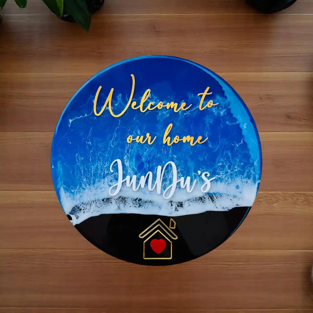 Dark Blue Personalized Ocean Effect Round Resin Name Plate | With 3D Acrylic Letters & House Symbol