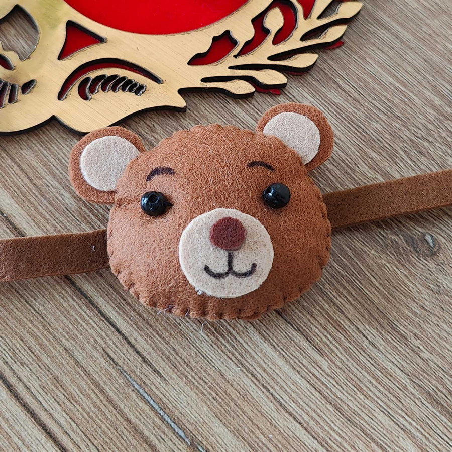 Handmade Bear Theme Felt Kids Rakhi With Roli Chawal 10 - Close-up Front View
