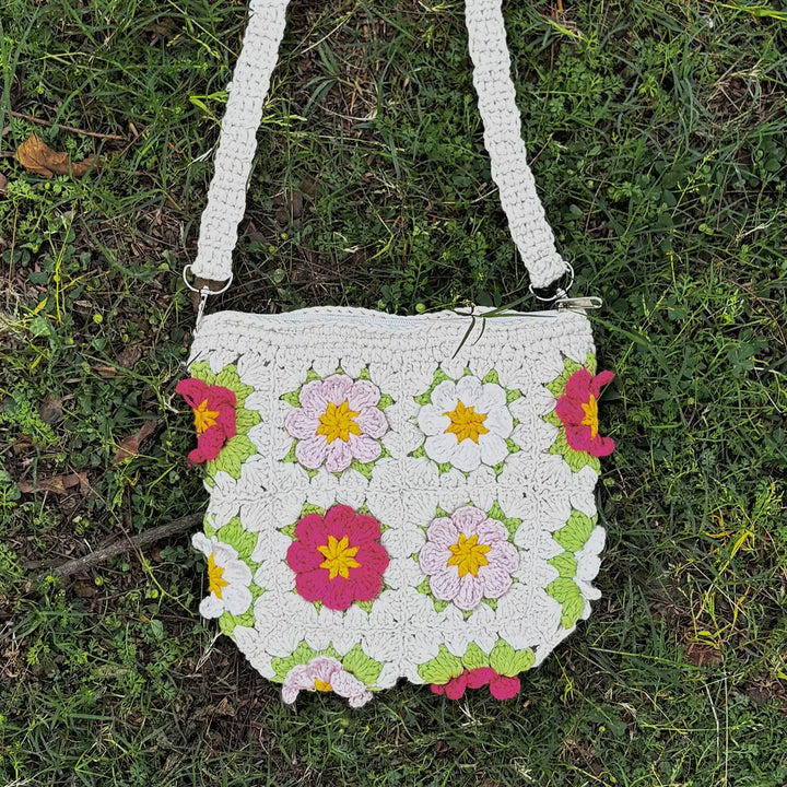 Handmade Crochet Flower Design Cotton Sling Bag