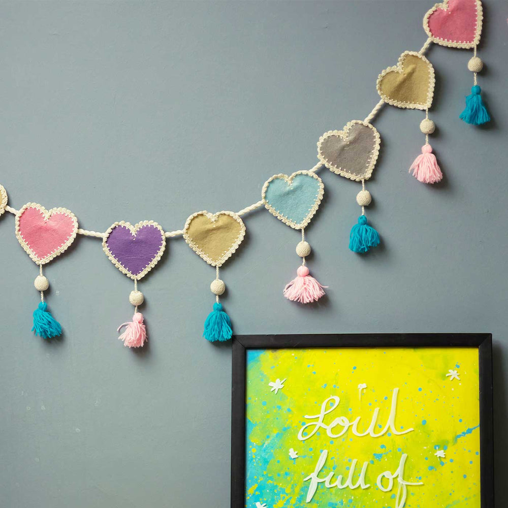 Handmade Crochet Heart Themed Felt Bunting - Hanging on Wall Display