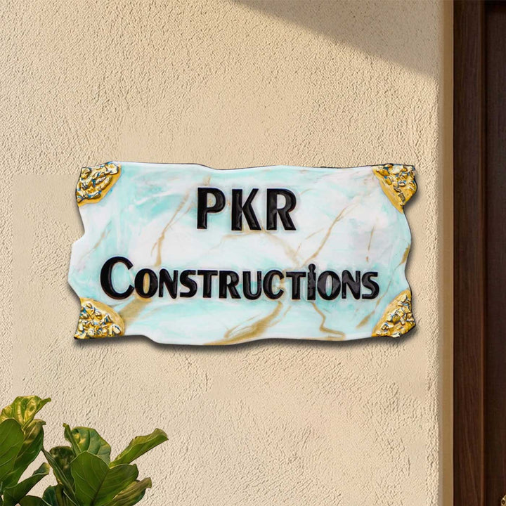 Blue & Gold Personalized Marble Effect Wavy Rectangle Resin Name Plate | With 3D Acrylic Letters & Gold Stone Embellishment