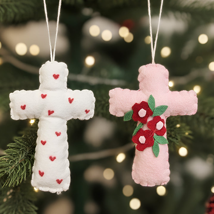 2 Pc | Handmade Pink & White Cross Felt Ornaments For Christmas Tree Decoration