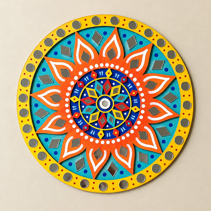 Hand-Painted Orange & Blue Floral Mdf Rangoli For Festive Decor