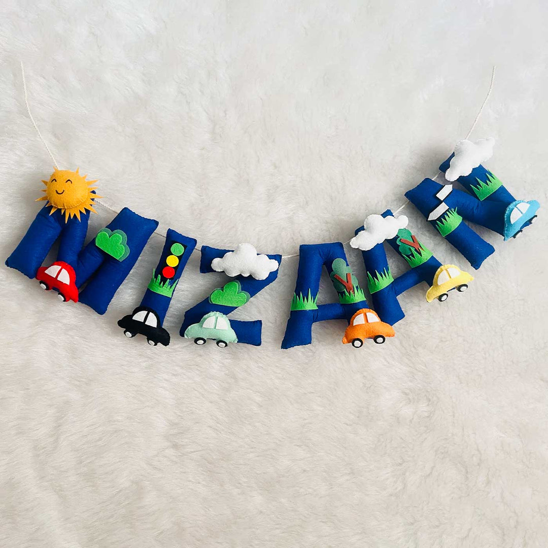 Handcrafted Personalized Car Themed Bunting For Kids - Hanging Name Letters with Decorations