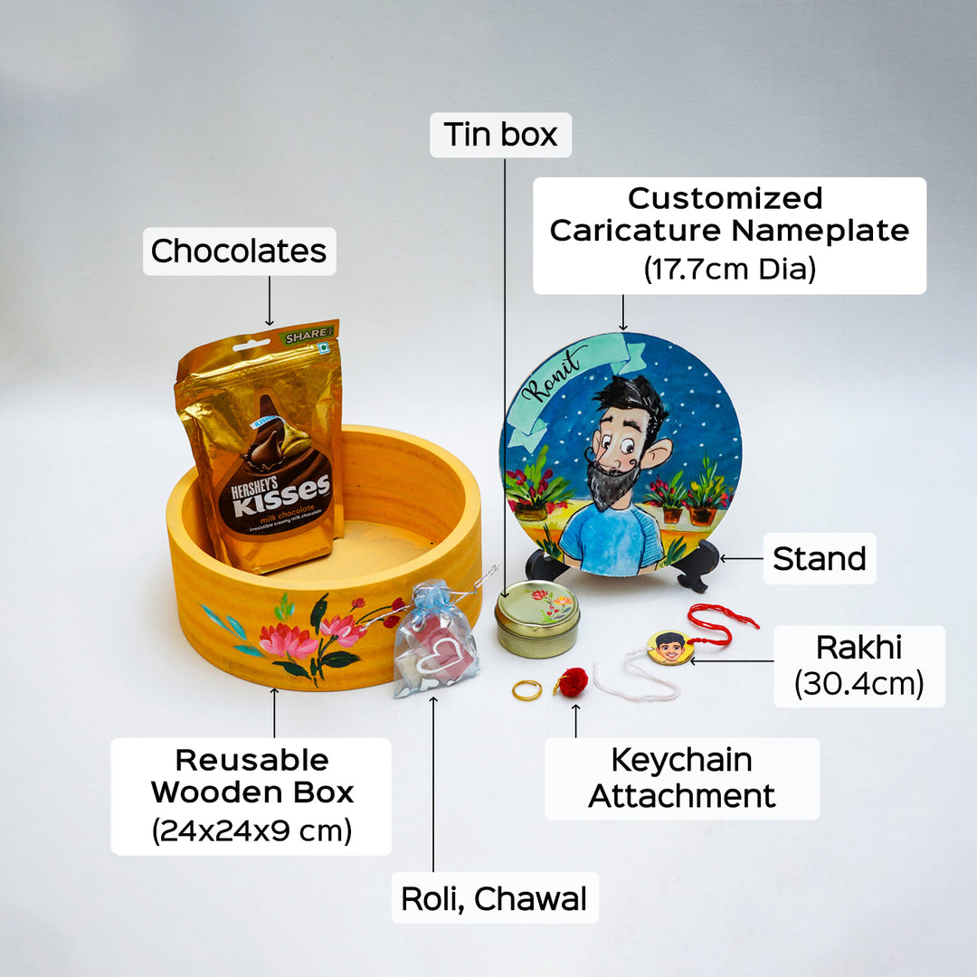 Personalized Rakhi Hamper With Caricature Nameplate - Annotated Product Components