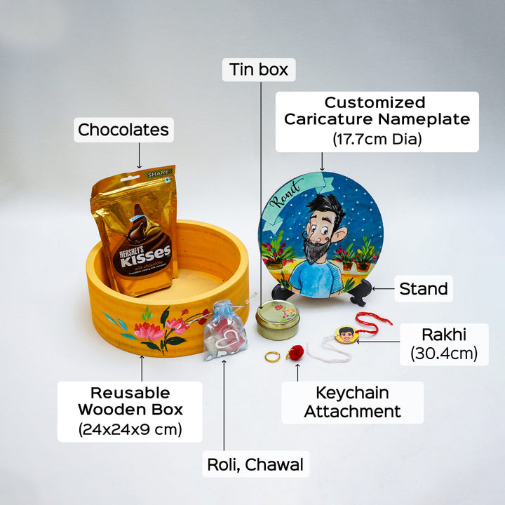 Personalized Rakhi Hamper With Caricature Nameplate - Annotated Product Components