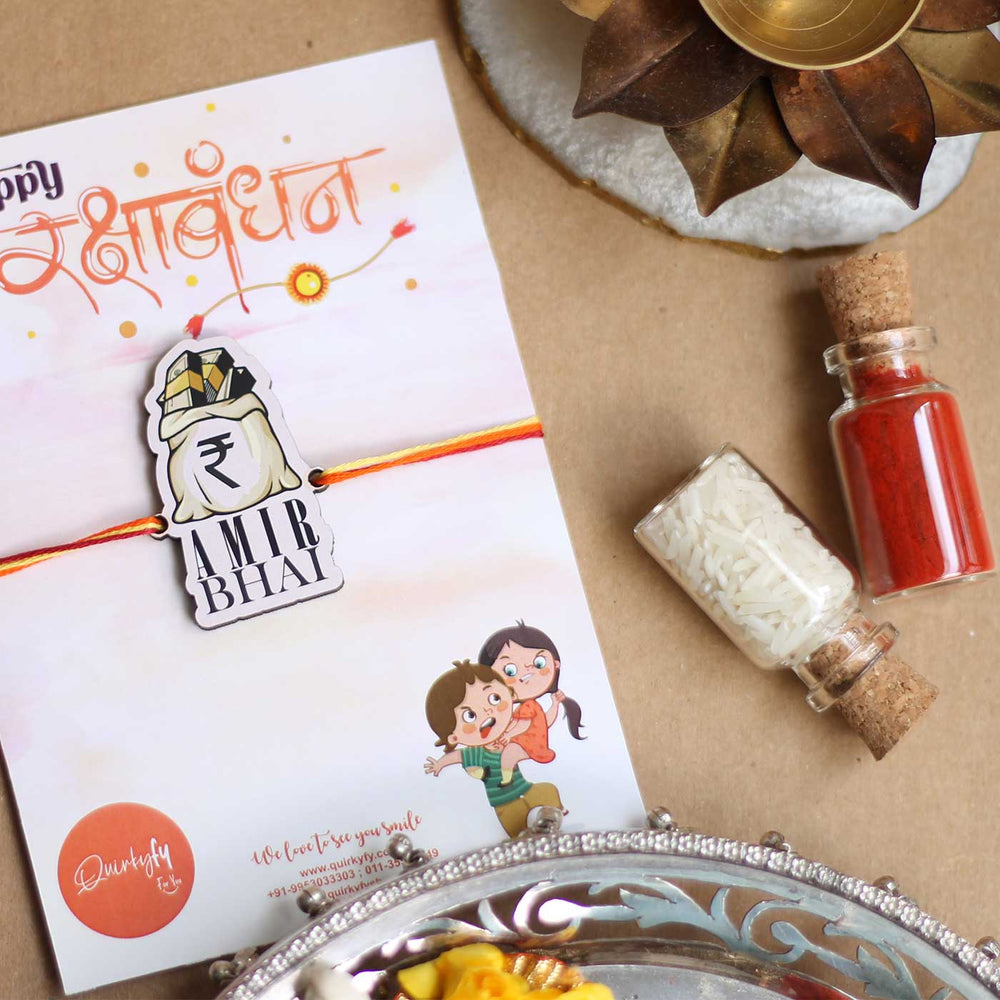 Handmade Amir Bhai Magnet Wooden Rakhi With Roli Chawal For Brother - Rakhi on Card with Puja Items