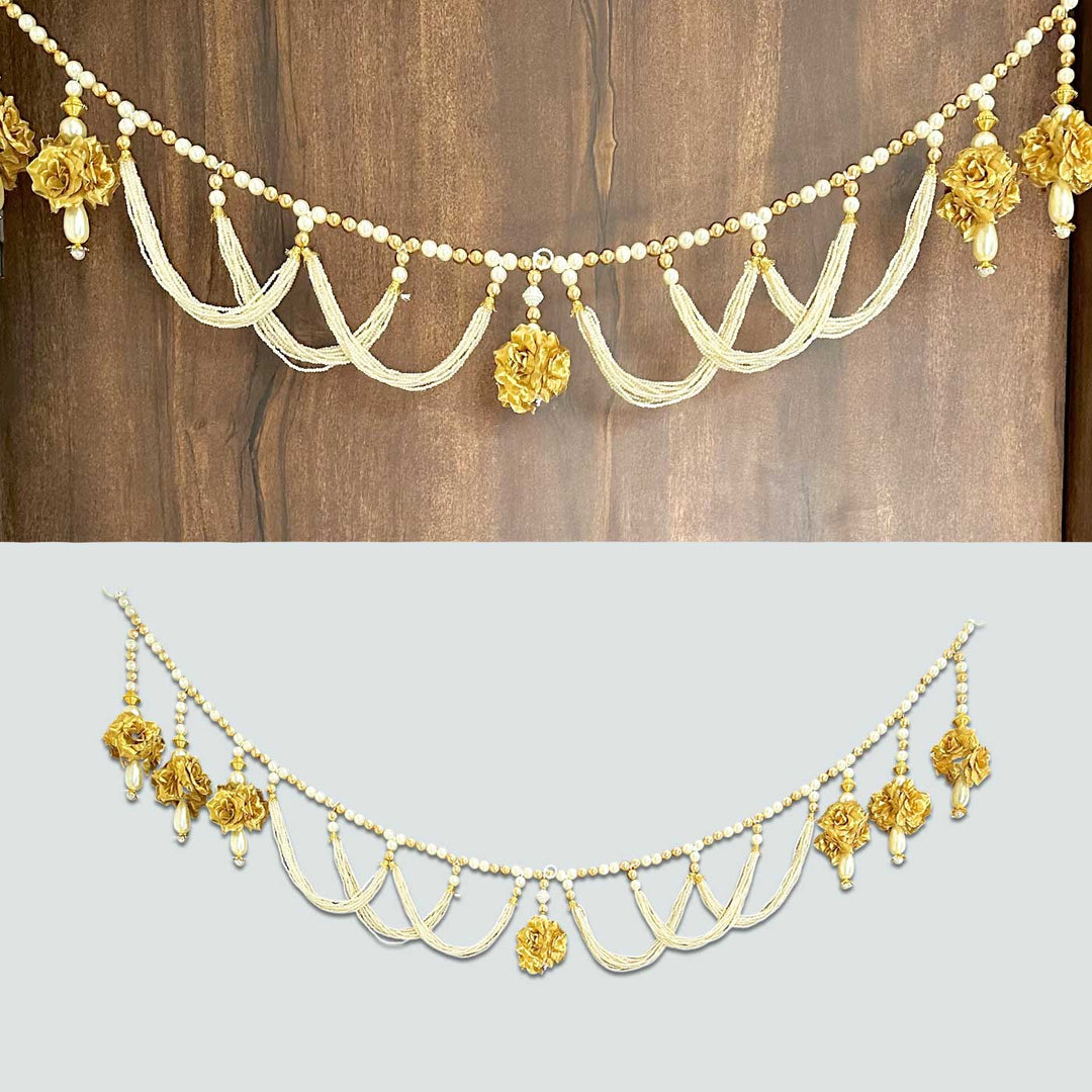 40 / 44 In | Handmade White Moti And Golden Flowers Toran